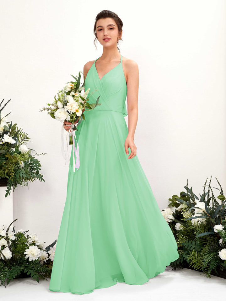 Halter V-neck Sleeveless Chiffon Bridesmaid Dress - Mint Green (81221022)
