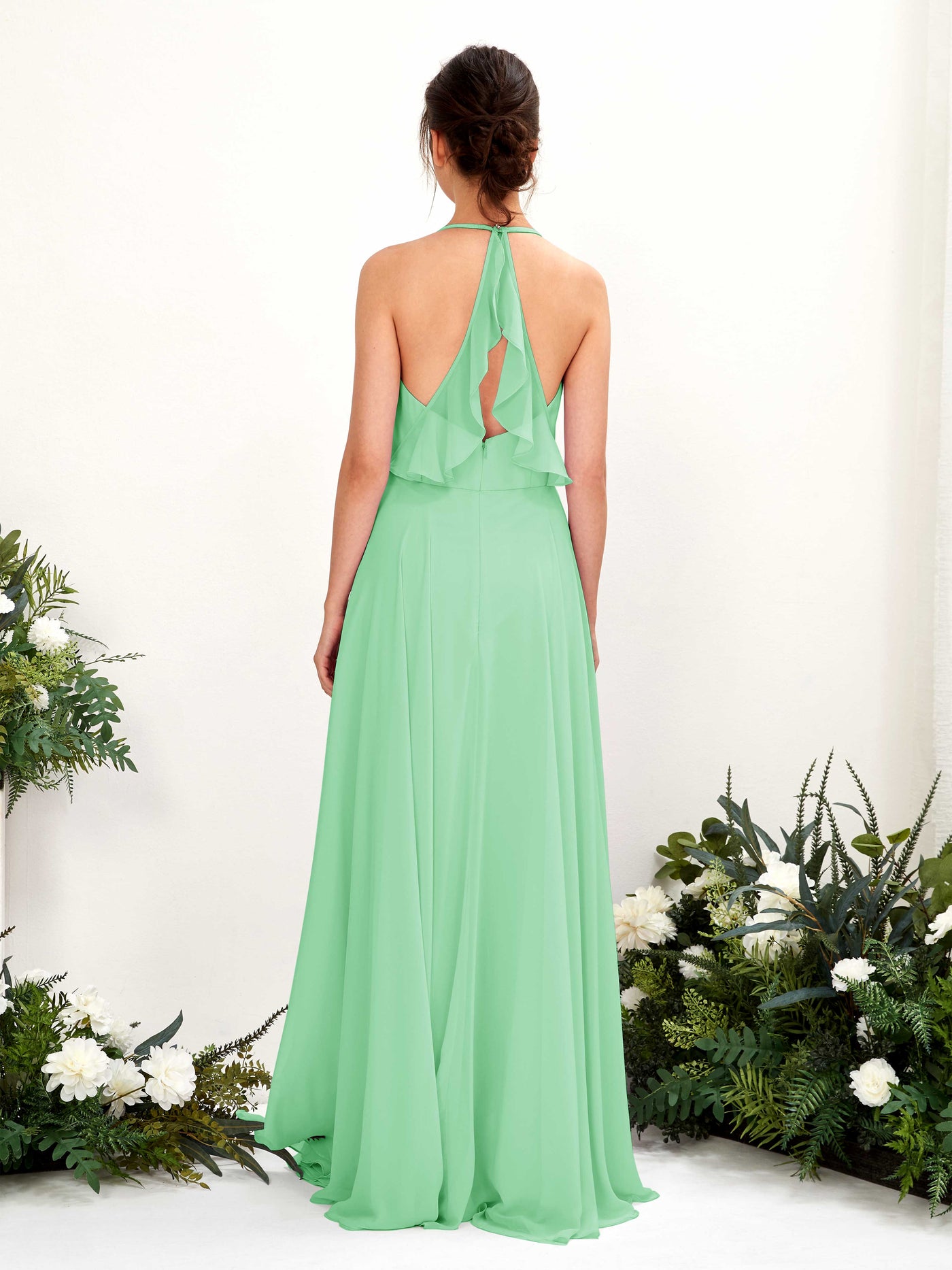 Halter V-neck Sleeveless Chiffon Bridesmaid Dress - Mint Green (81221022)#color_mint-green