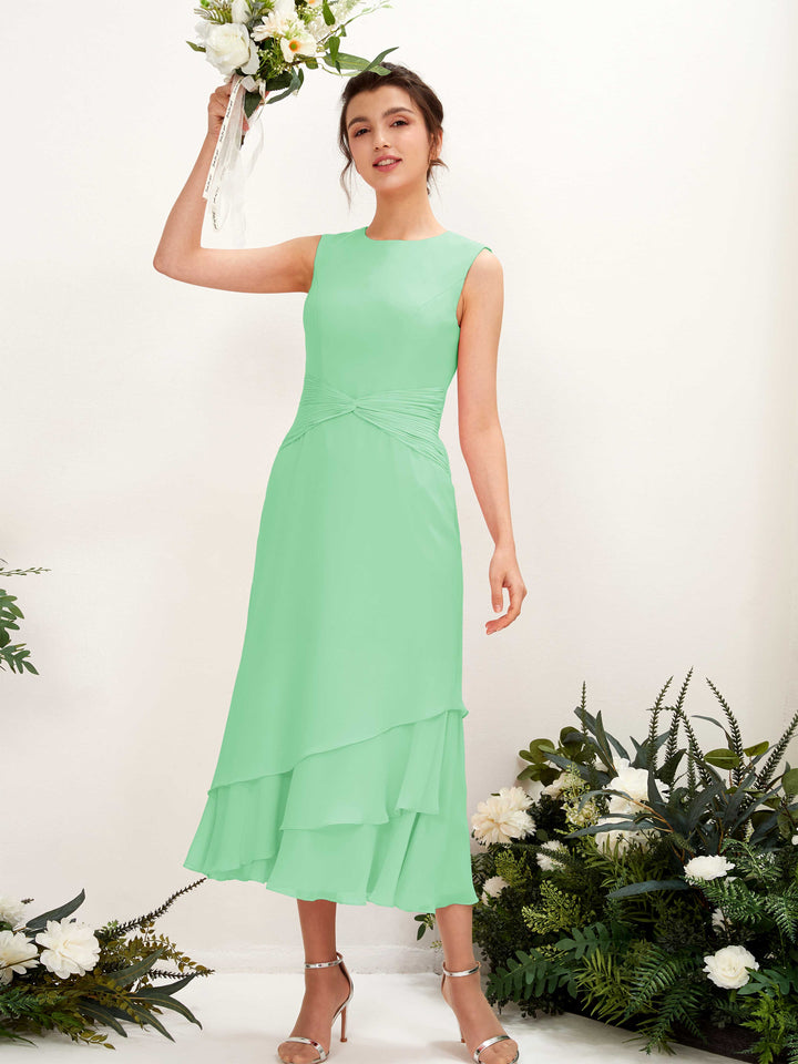 Mint Green Bridesmaid Dresses Bridesmaid Dress Mermaid/Trumpet Chiffon Round Tea Length Sleeveless Wedding Party Dress (81221922)