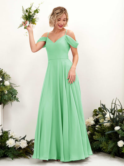 Mint Green Bridesmaid Dresses Bridesmaid Dress A-line Chiffon Off Shoulder Full Length Sleeveless Wedding Party Dress (81224922)#color_mint-green