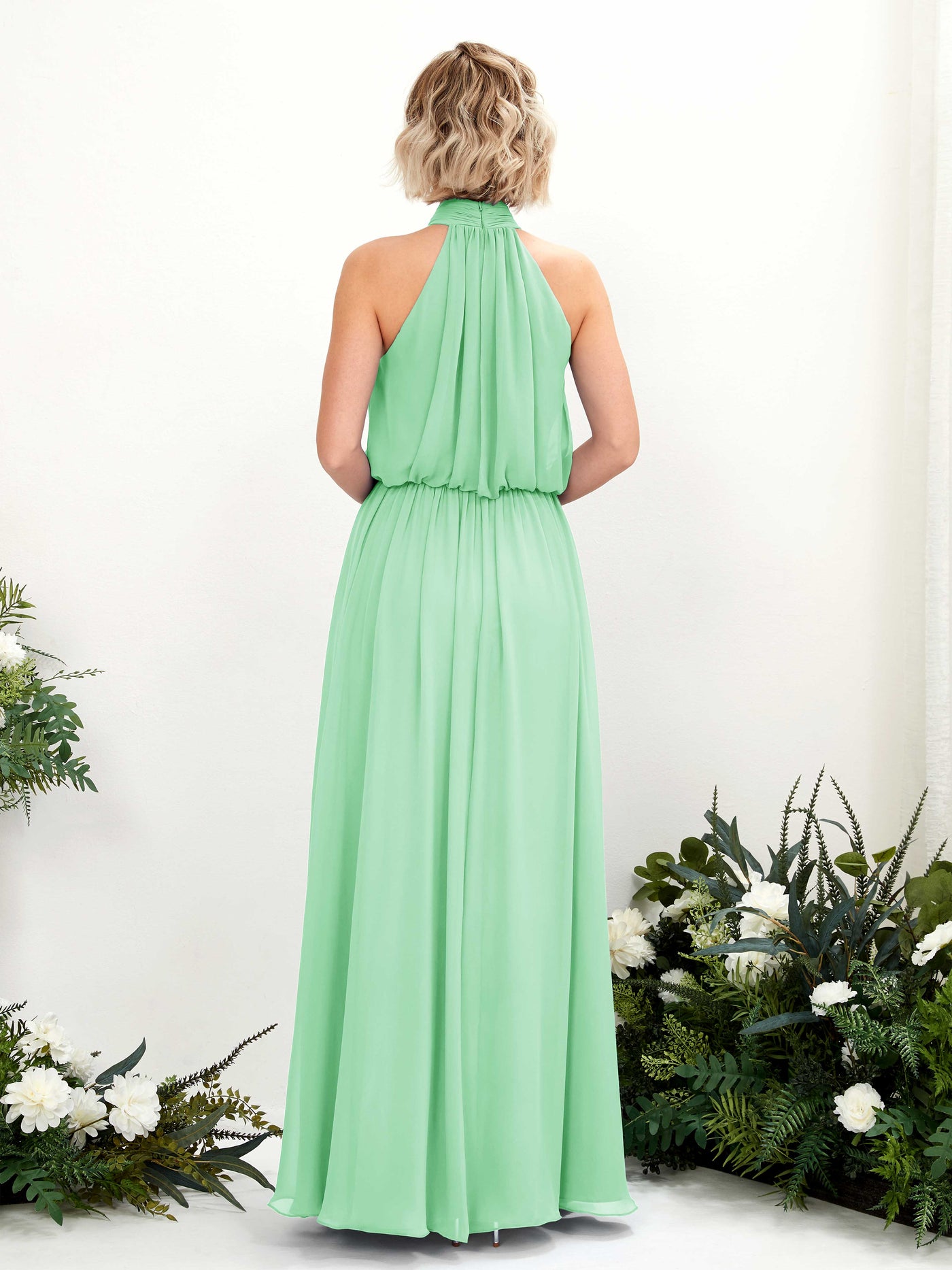 Mint Green Bridesmaid Dresses Bridesmaid Dress A-line Chiffon Halter Full Length Sleeveless Wedding Party Dress (81222922)#color_mint-green