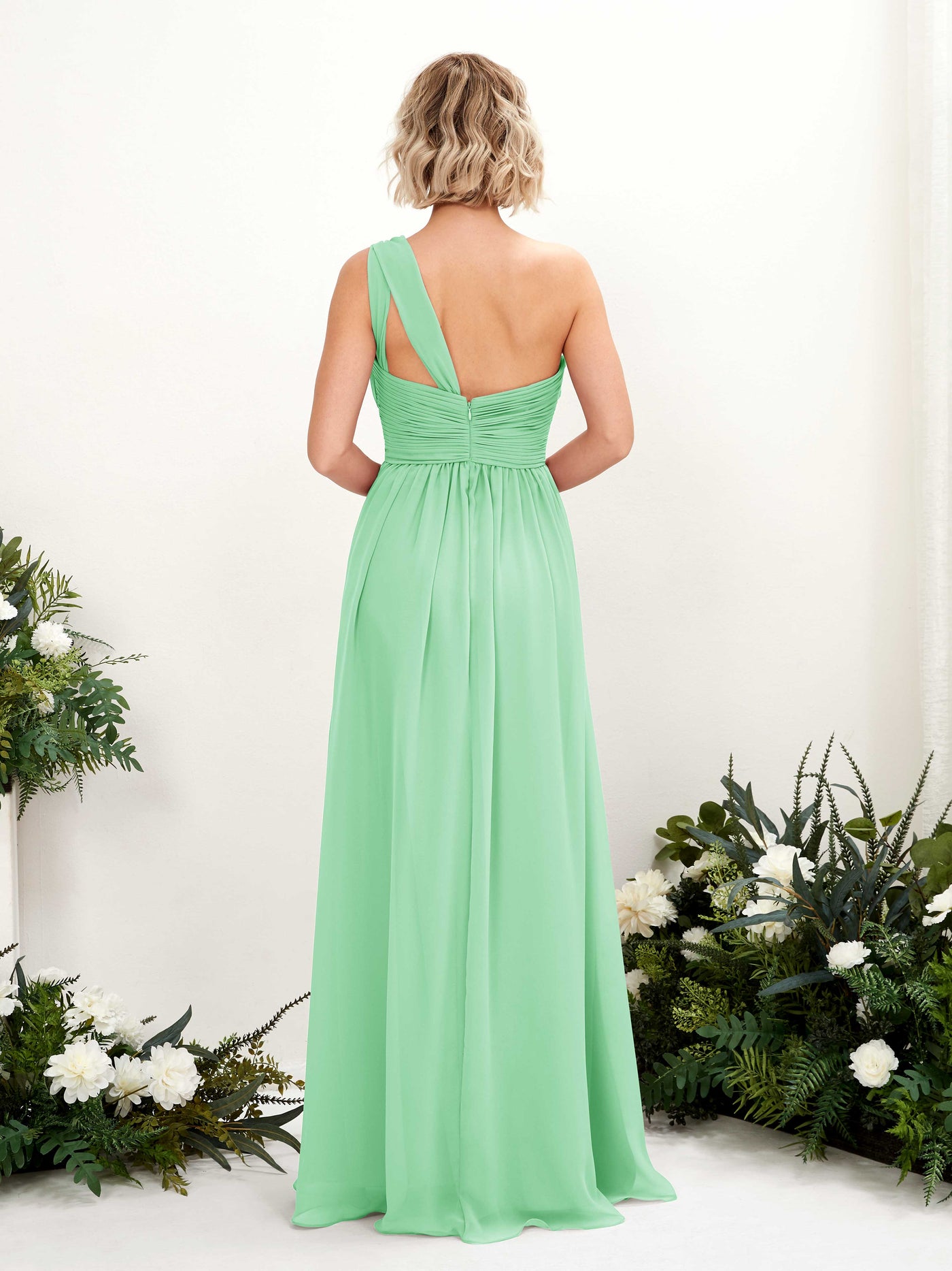 Mint Green Bridesmaid Dresses Bridesmaid Dress Ball Gown Chiffon One Shoulder Full Length Sleeveless Wedding Party Dress (81225022)#color_mint-green
