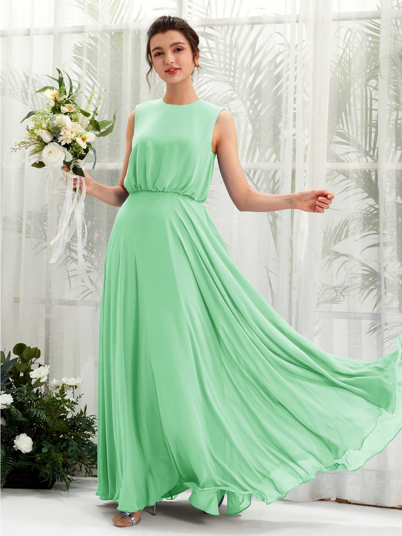 Mint Green Bridesmaid Dresses Bridesmaid Dress A-line Chiffon Round Full Length Sleeveless Wedding Party Dress (81222822)#color_mint-green