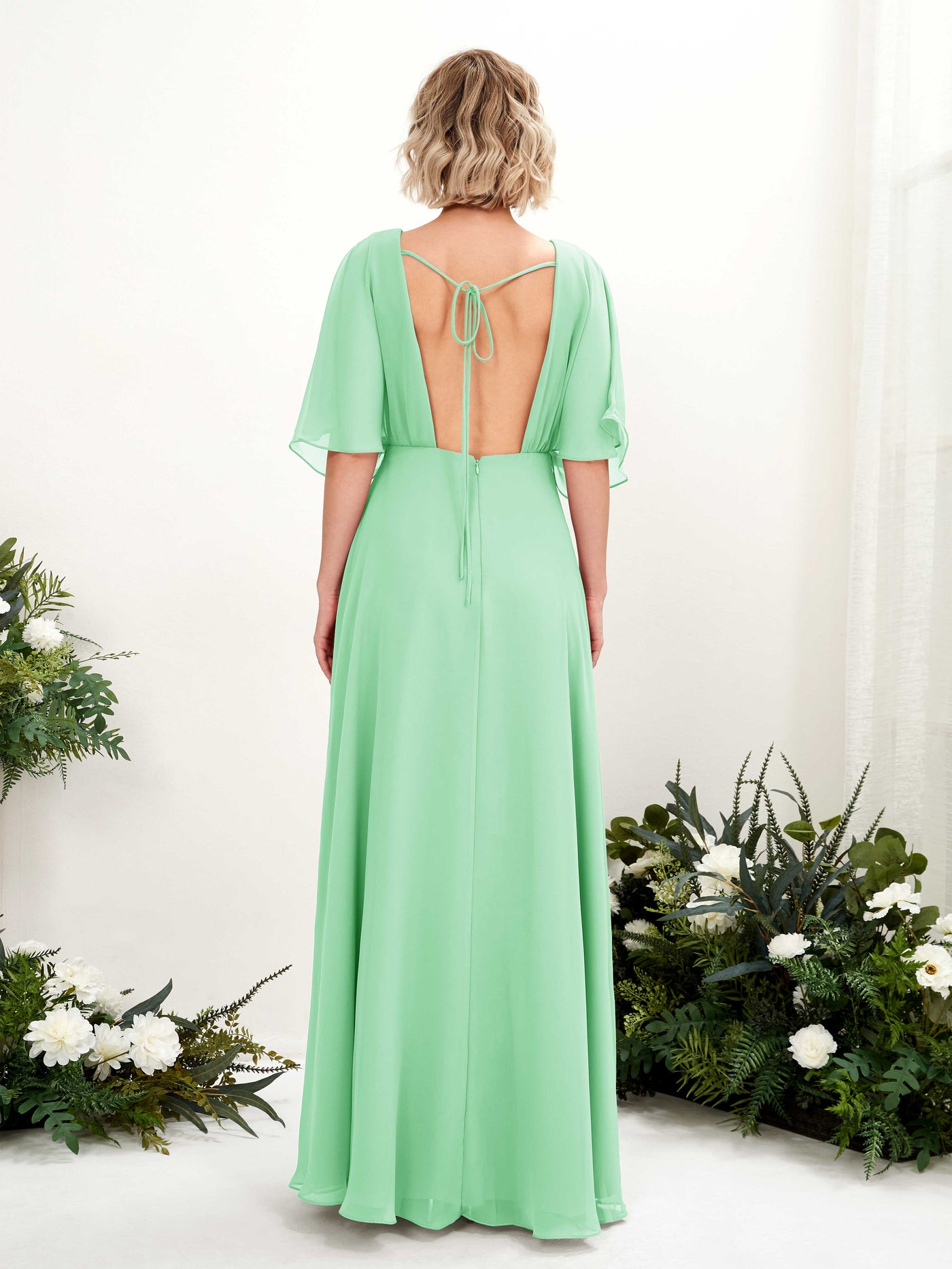 Mint Green Bridesmaid Dresses Bridesmaid Dress A-line Chiffon V-neck Full Length Short Sleeves Wedding Party Dress (81225122)#color_mint-green
