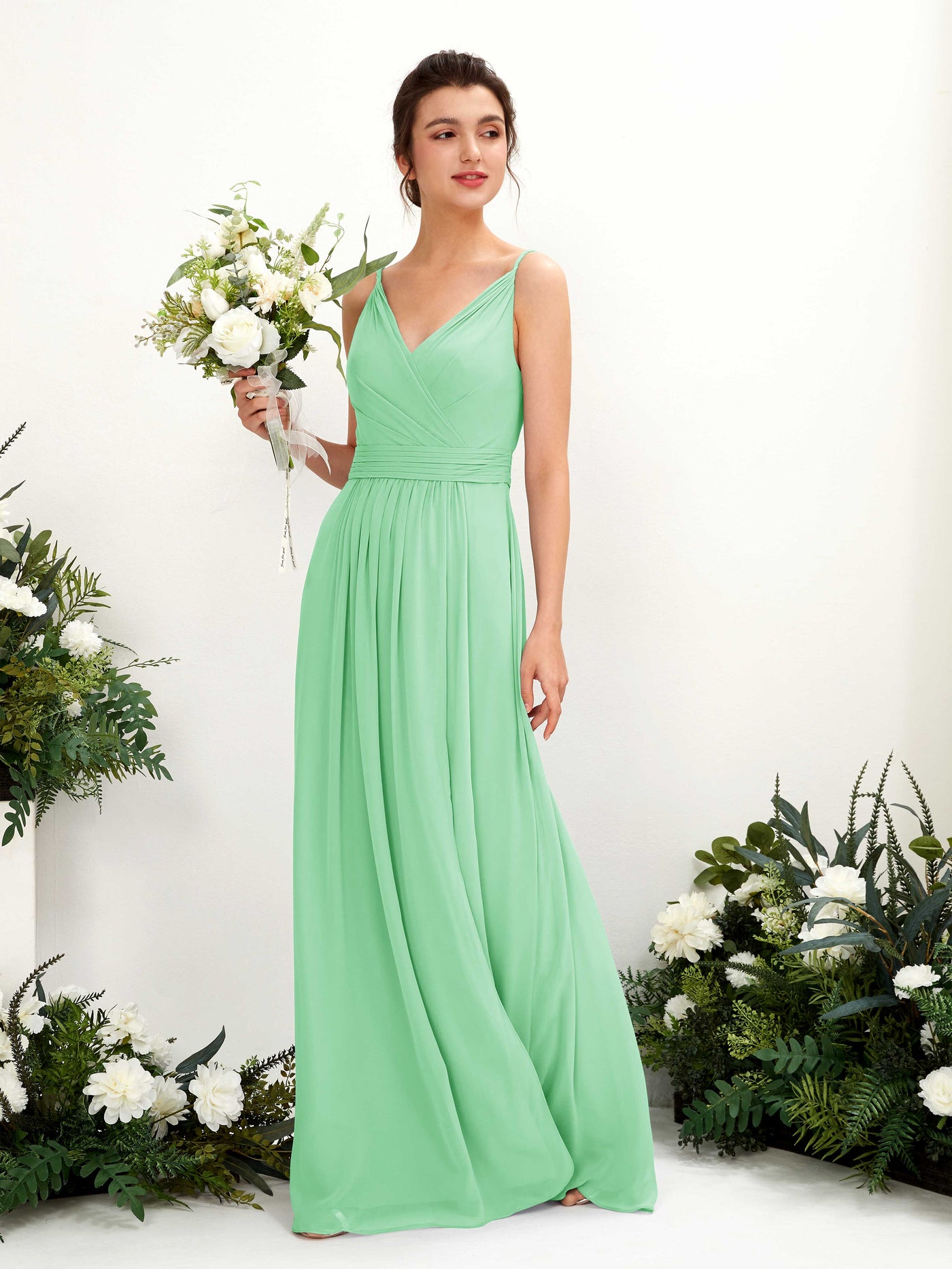 Mint Green Bridesmaid Dresses Bridesmaid Dress A-line Chiffon Spaghetti-straps Full Length Sleeveless Wedding Party Dress (81223922)#color_mint-green