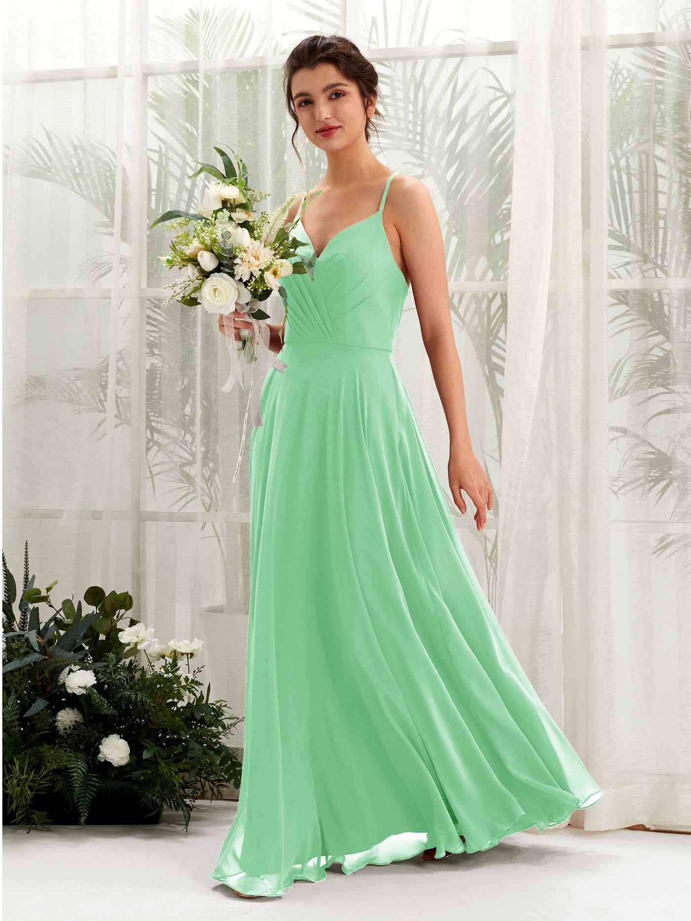 Mint Green Bridesmaid Dresses Bridesmaid Dress Chiffon Spaghetti-straps Full Length Sleeveless Wedding Party Dress (81224222)#color_mint-green