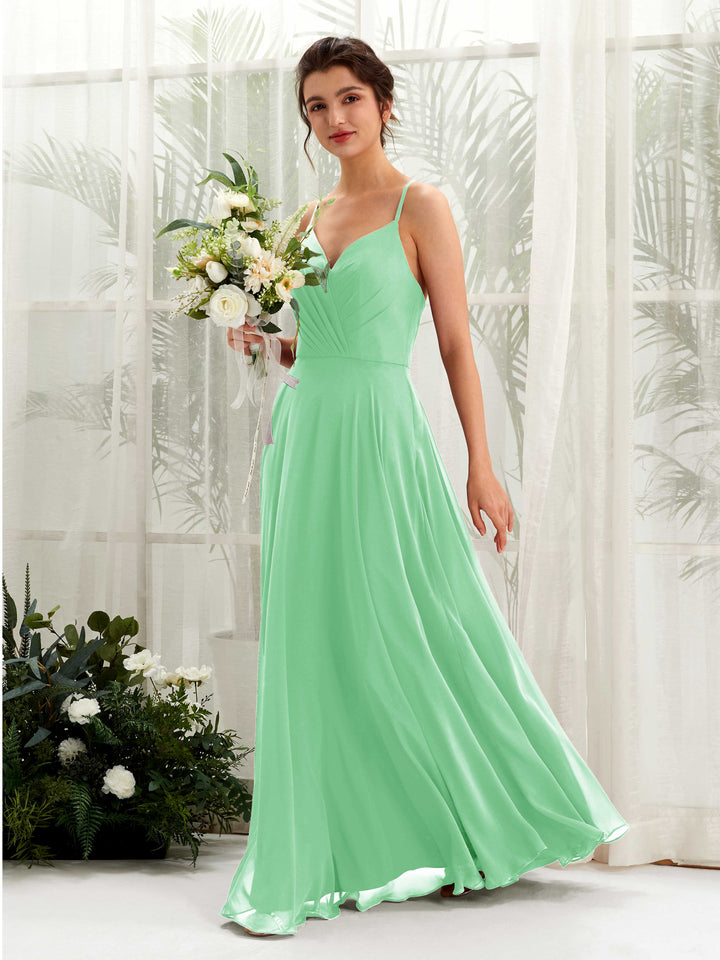 Mint Green Bridesmaid Dresses Bridesmaid Dress Chiffon Spaghetti-straps Full Length Sleeveless Wedding Party Dress (81224222)