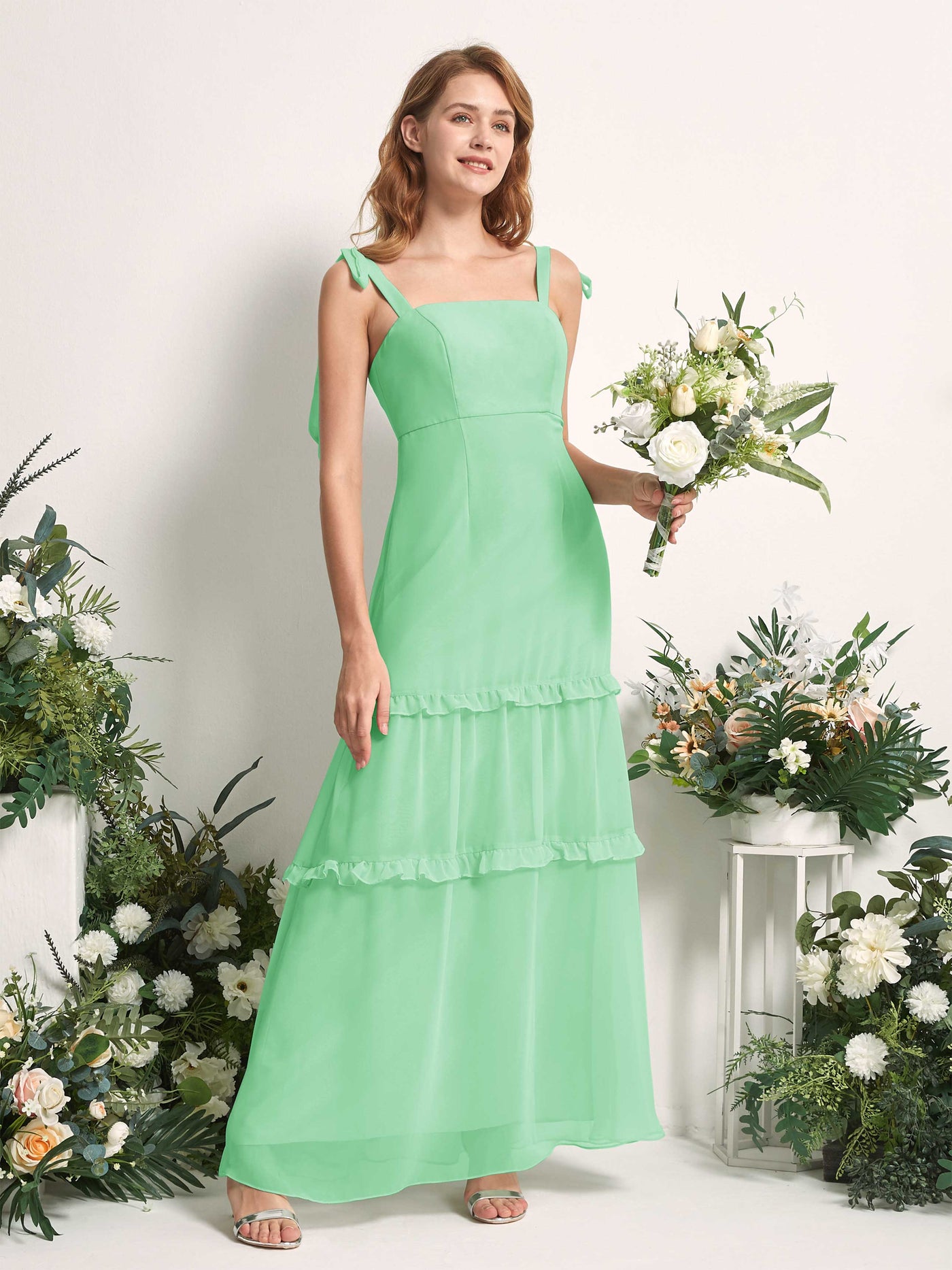 Bridesmaid Dress Chiffon Straps Full Length Sleeveless Wedding Party Dress - Mint Green (81227522)#color_mint-green