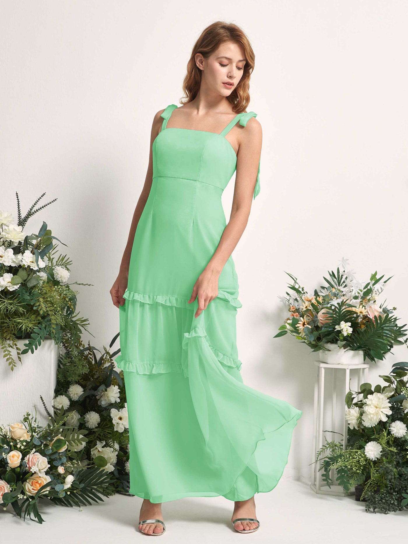 Bridesmaid Dress Chiffon Straps Full Length Sleeveless Wedding Party Dress - Mint Green (81227522)#color_mint-green