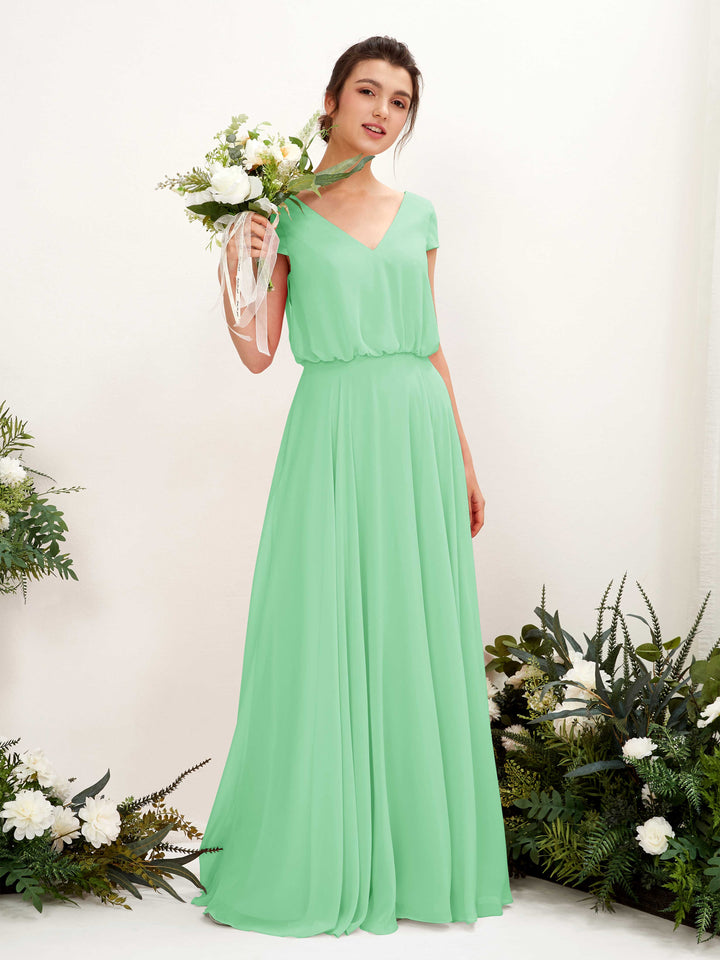 Mint Green Bridesmaid Dresses Bridesmaid Dress A-line Chiffon V-neck Full Length Short Sleeves Wedding Party Dress (81221822)