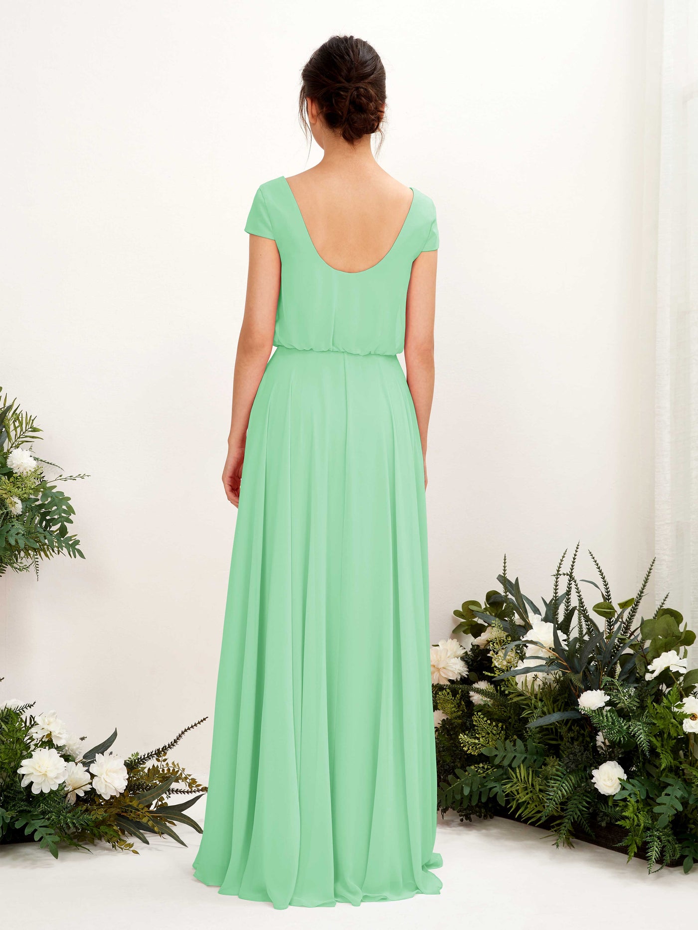Mint Green Bridesmaid Dresses Bridesmaid Dress A-line Chiffon V-neck Full Length Short Sleeves Wedding Party Dress (81221822)#color_mint-green