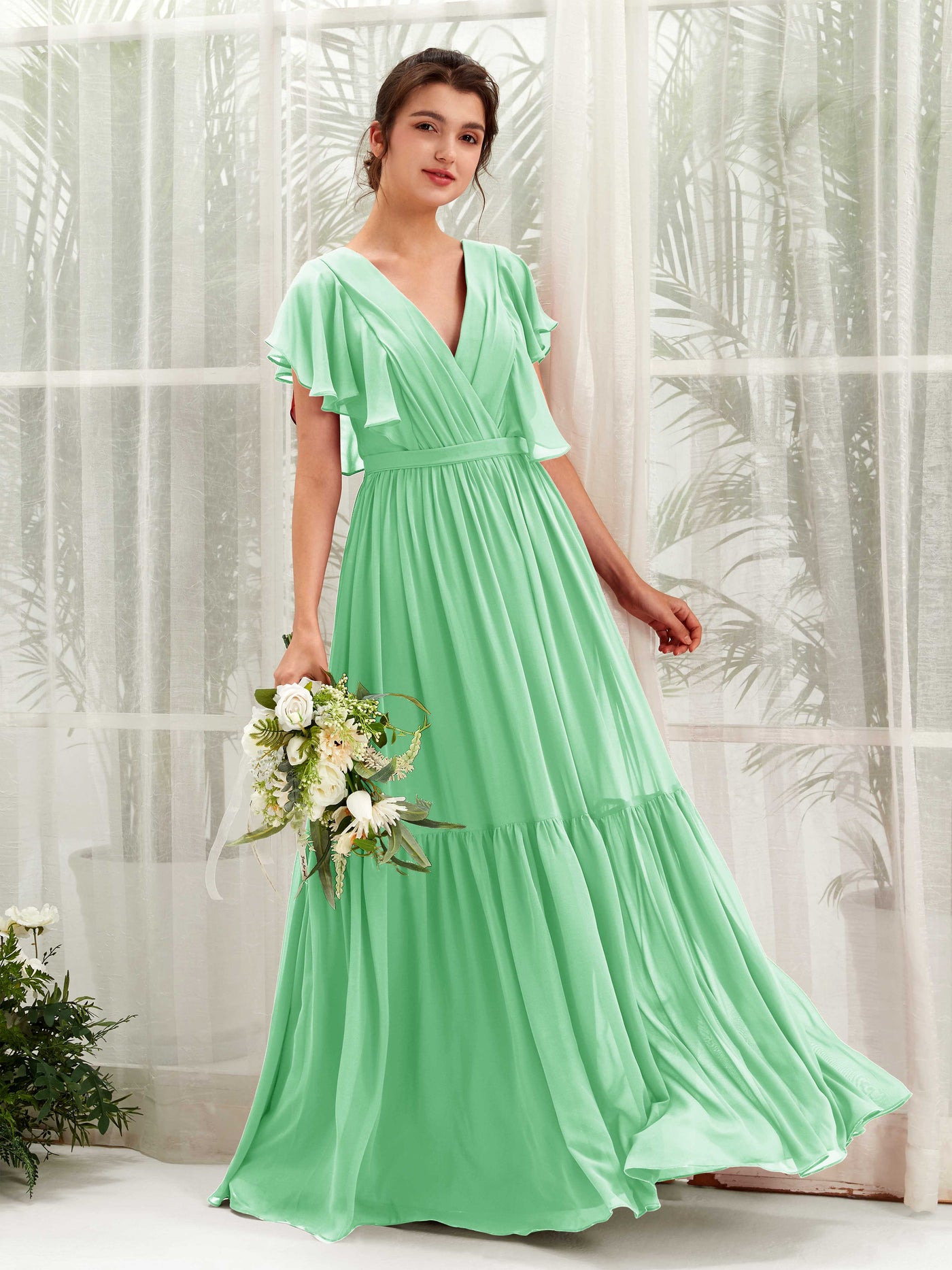 Mint Green Bridesmaid Dresses Bridesmaid Dress A-line Chiffon V-neck Full Length Short Sleeves Wedding Party Dress (81225922)#color_mint-green