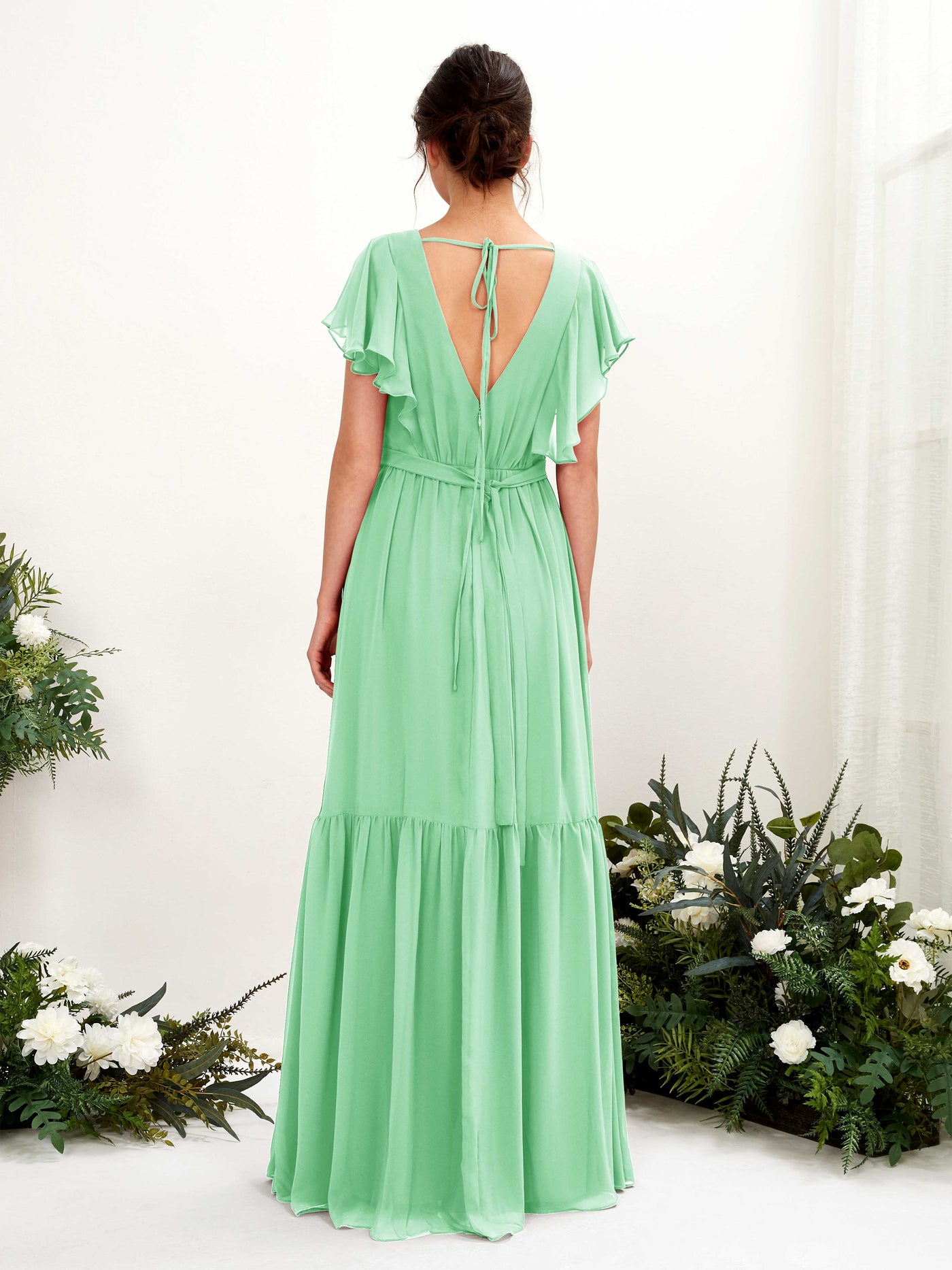 Mint Green Bridesmaid Dresses Bridesmaid Dress A-line Chiffon V-neck Full Length Short Sleeves Wedding Party Dress (81225922)#color_mint-green