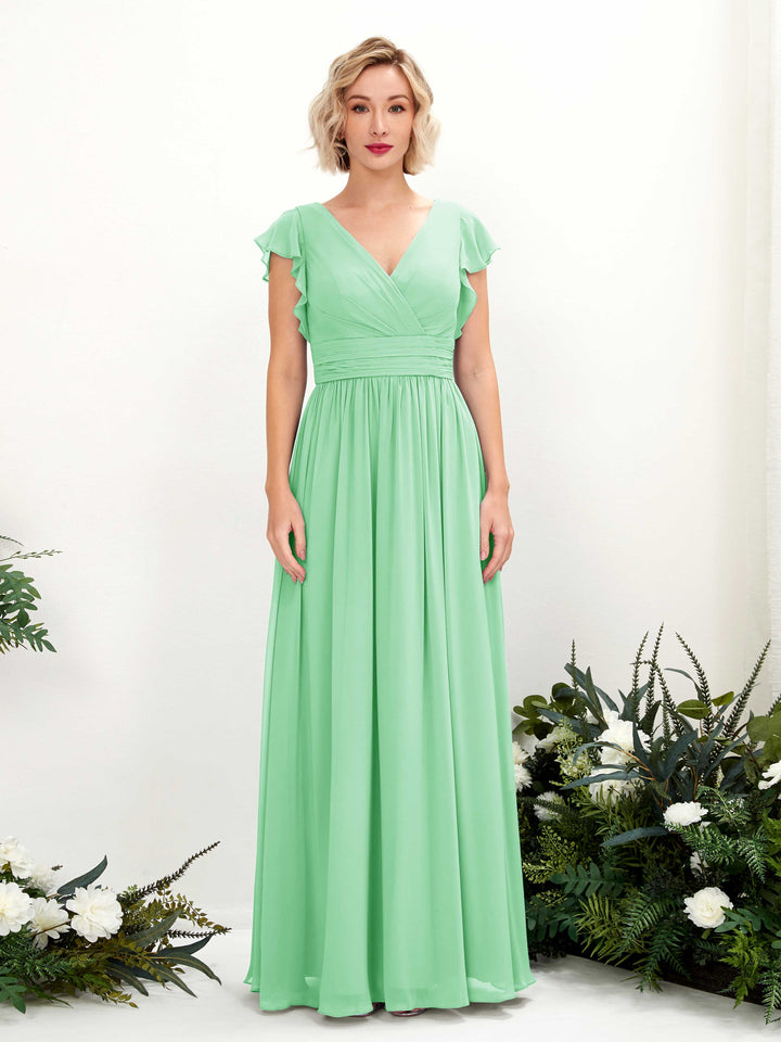 Mint Green Bridesmaid Dresses Bridesmaid Dress A-line Chiffon V-neck Full Length Short Sleeves Wedding Party Dress (81222722)