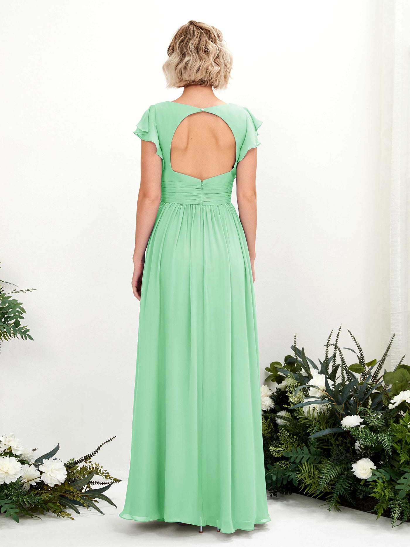 Mint Green Bridesmaid Dresses Bridesmaid Dress A-line Chiffon V-neck Full Length Short Sleeves Wedding Party Dress (81222722)#color_mint-green