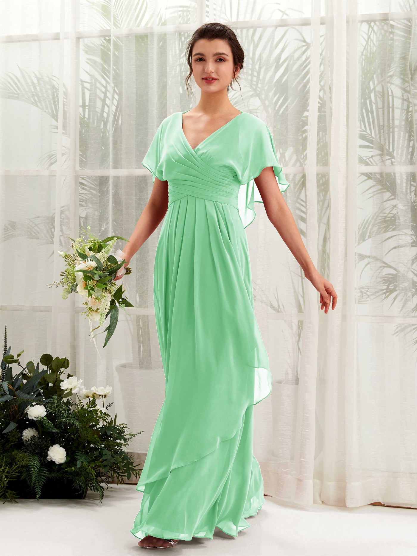 Open back V-neck Short Sleeves Chiffon Bridesmaid Dress - Mint Green (81226122)#color_mint-green