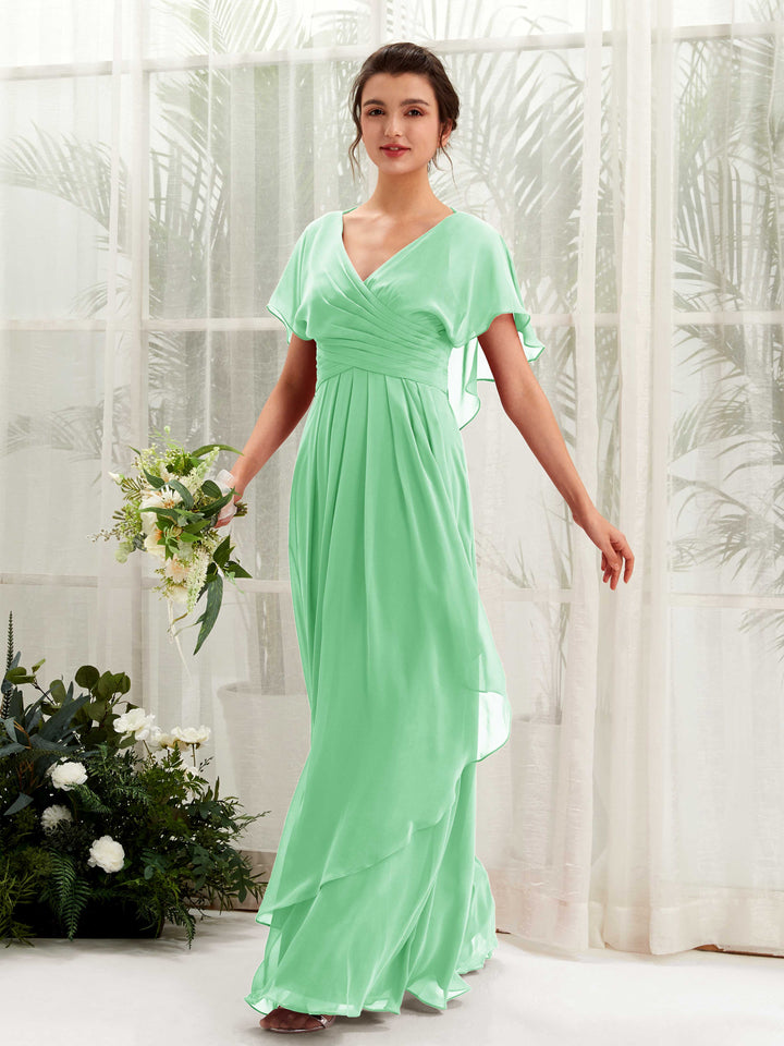 Open back V-neck Short Sleeves Chiffon Bridesmaid Dress - Mint Green (81226122)