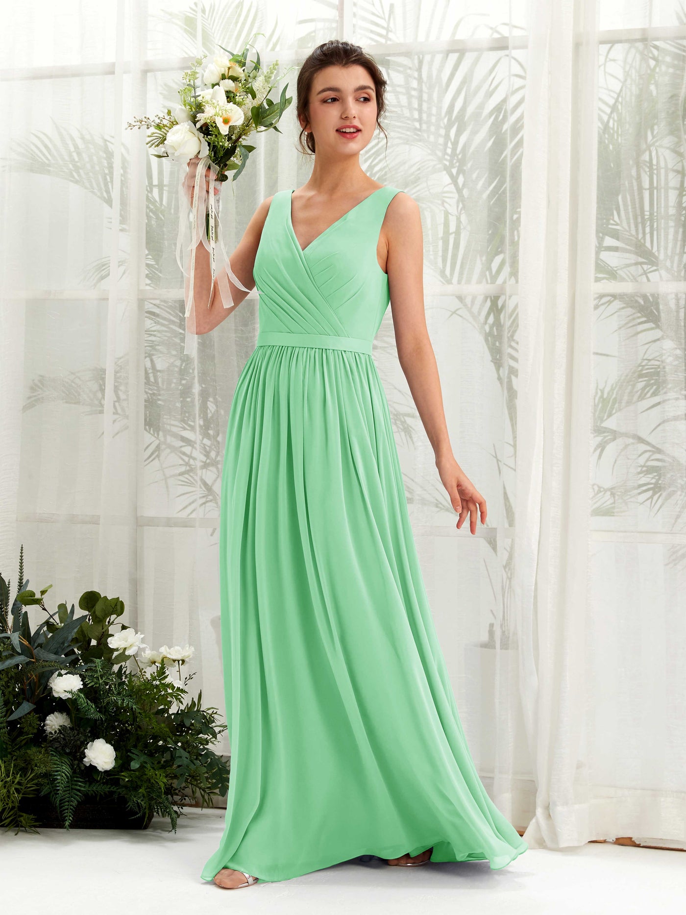 Mint Green Bridesmaid Dresses Bridesmaid Dress A-line Chiffon V-neck Full Length Sleeveless Wedding Party Dress (81223622)#color_mint-green