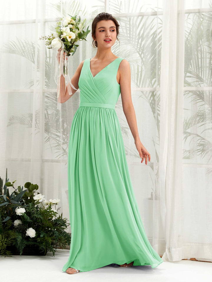 Mint Green Bridesmaid Dresses Bridesmaid Dress A-line Chiffon V-neck Full Length Sleeveless Wedding Party Dress (81223622)