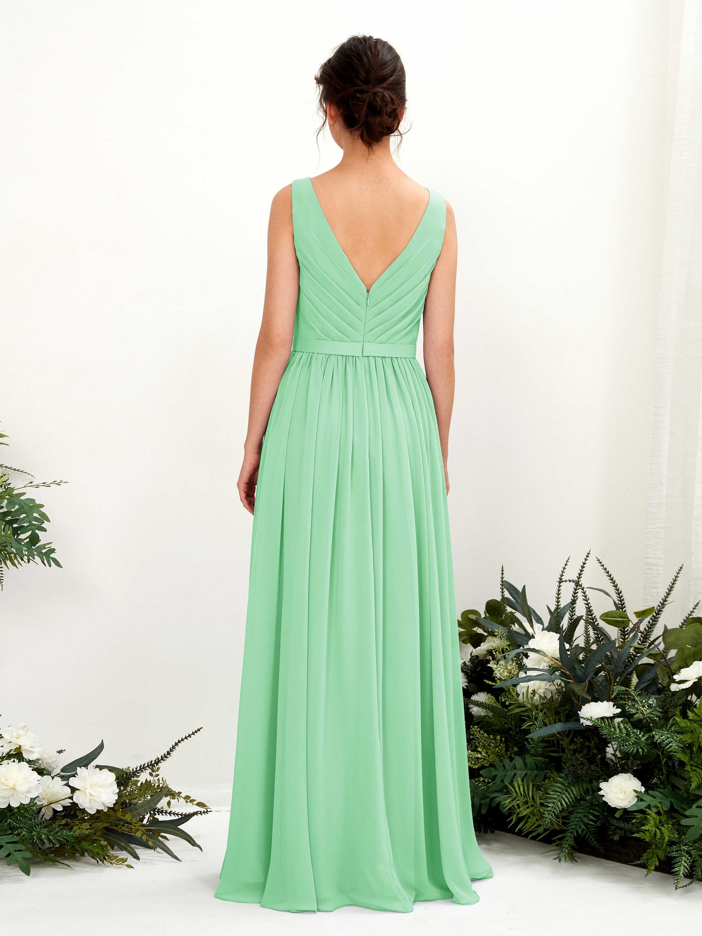 Mint Green Bridesmaid Dresses Bridesmaid Dress A-line Chiffon V-neck Full Length Sleeveless Wedding Party Dress (81223622)#color_mint-green