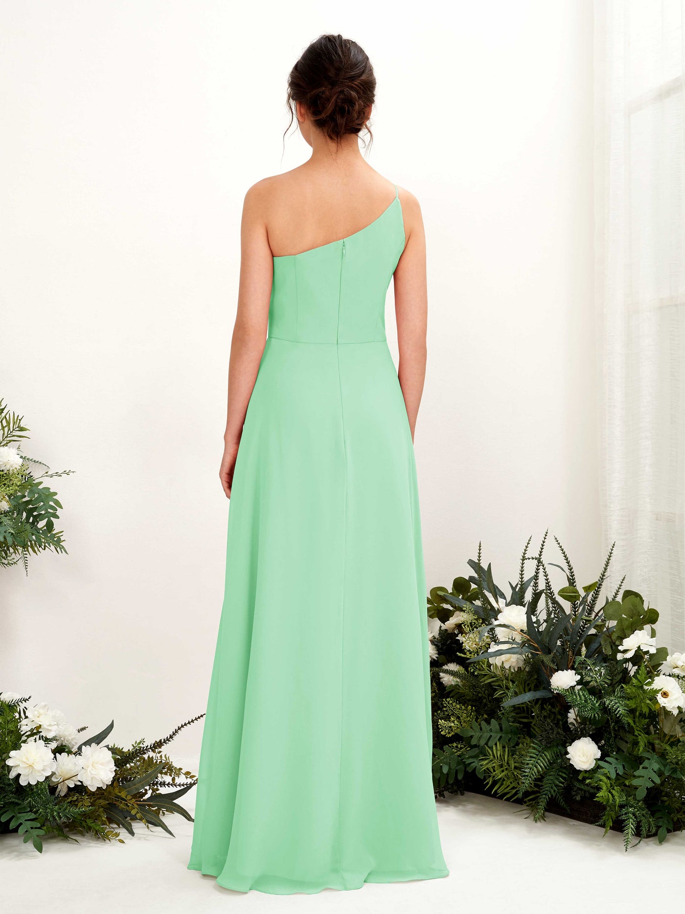 Mint Green Bridesmaid Dresses Bridesmaid Dress A-line Chiffon One Shoulder Full Length Sleeveless Wedding Party Dress (81225722)#color_mint-green