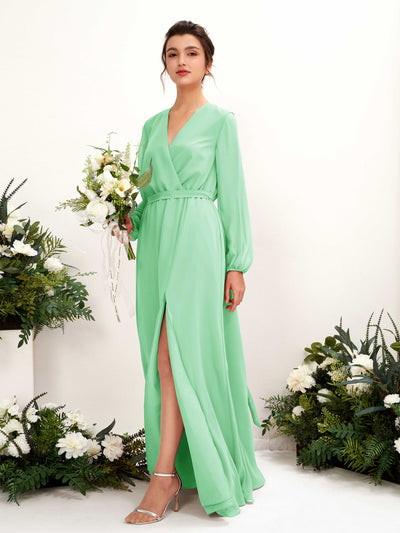 Mint Green Bridesmaid Dresses Bridesmaid Dress A-line Chiffon V-neck Full Length Long Sleeves Wedding Party Dress (81223222)#color_mint-green