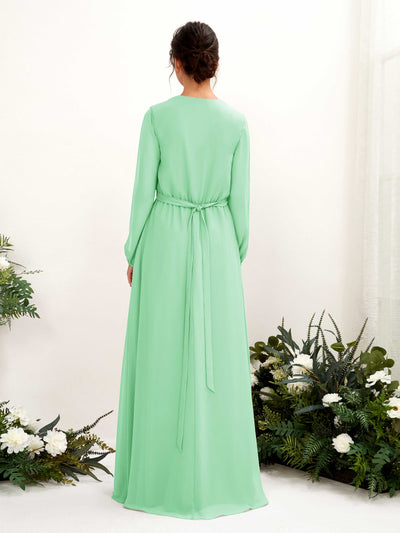 Carlyna Elsie A-Line Mint Green Bridesmaid Dress Maxi Long Sleeve V-Neck Back View #color_mint-green
