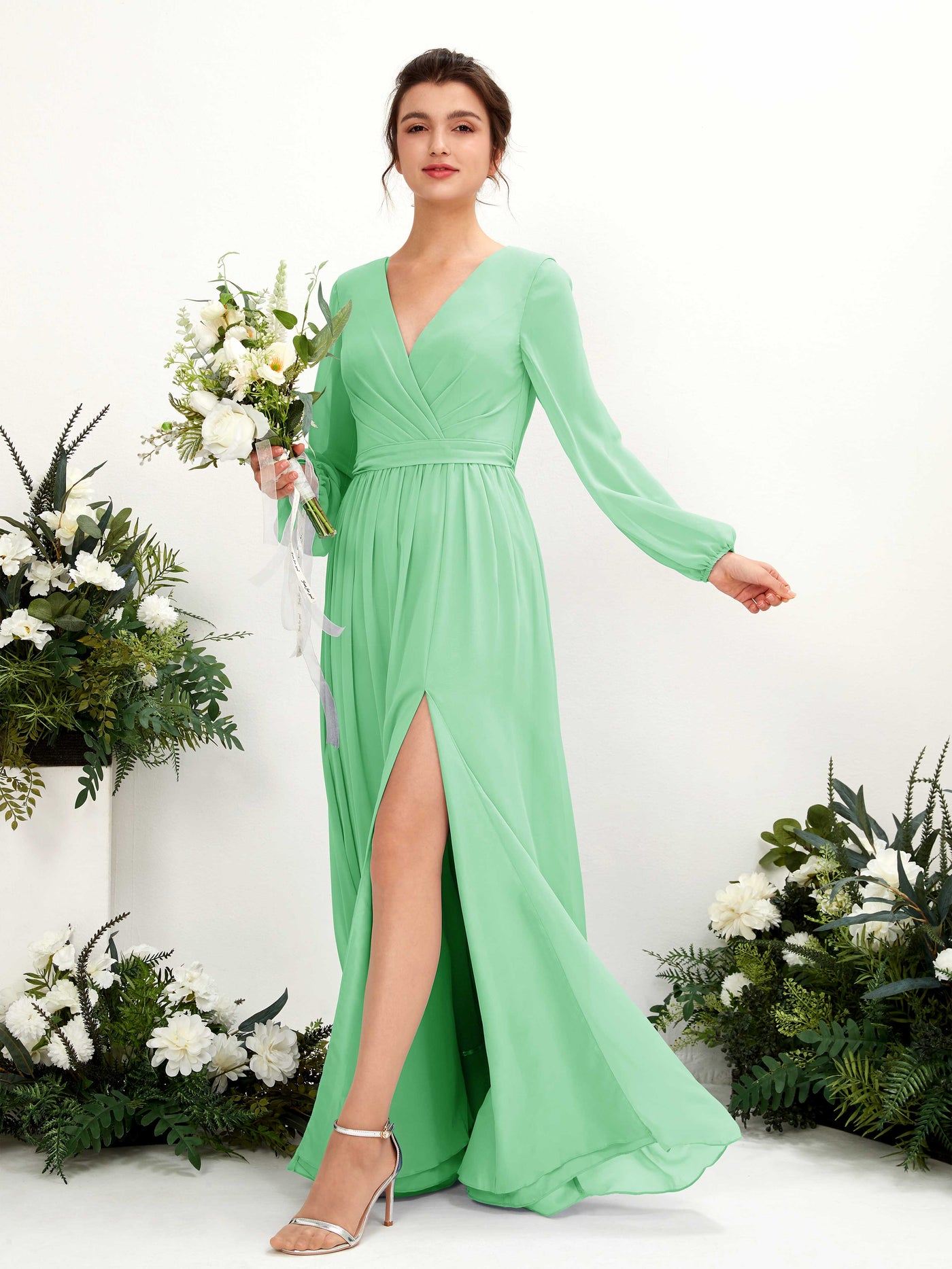Mint Green Bridesmaid Dresses Bridesmaid Dress A-line Chiffon V-neck Full Length Long Sleeves Wedding Party Dress (81223822)#color_mint-green