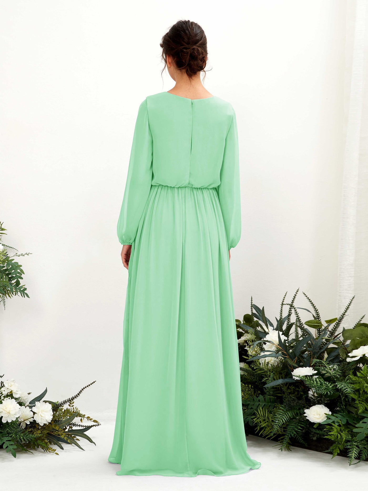 Mint Green Bridesmaid Dresses Bridesmaid Dress A-line Chiffon V-neck Full Length Long Sleeves Wedding Party Dress (81223822)#color_mint-green