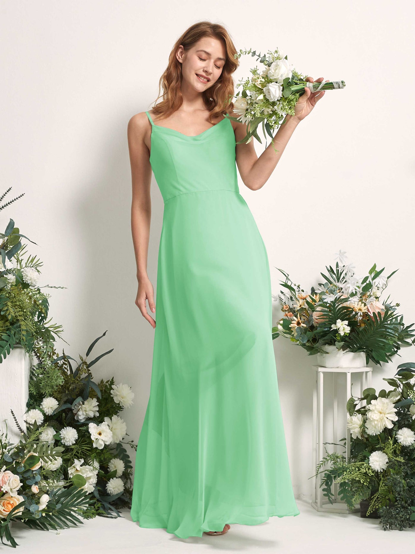 Bridesmaid Dress A-line Chiffon Spaghetti-straps Full Length Sleeveless Wedding Party Dress - Mint Green (81227222)#color_mint-green