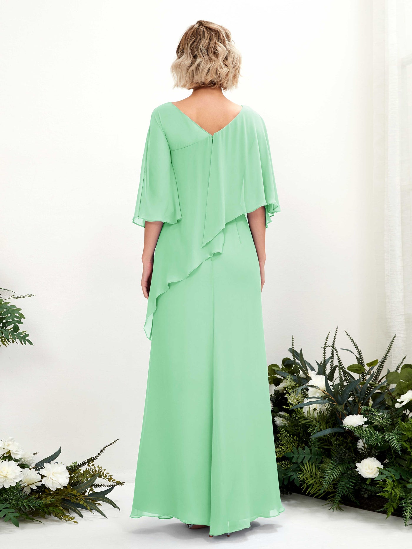 Mint Green Bridesmaid Dresses Bridesmaid Dress Bohemian Chiffon V-neck Full Length 3/4 Sleeves Wedding Party Dress (81222522)#color_mint-green