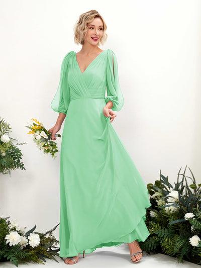 Mint Green Bridesmaid Dresses Bridesmaid Dress Chiffon V-neck Full Length Long Sleeves Wedding Party Dress (81223522)#color_mint-green