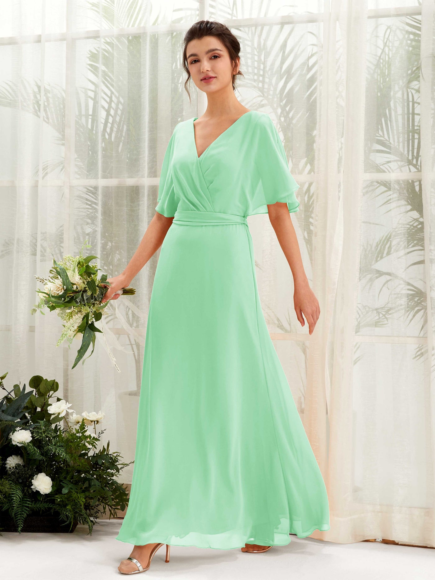 Mint Green Bridesmaid Dresses Bridesmaid Dress A-line Chiffon V-neck Full Length Short Sleeves Wedding Party Dress (81222422)#color_mint-green