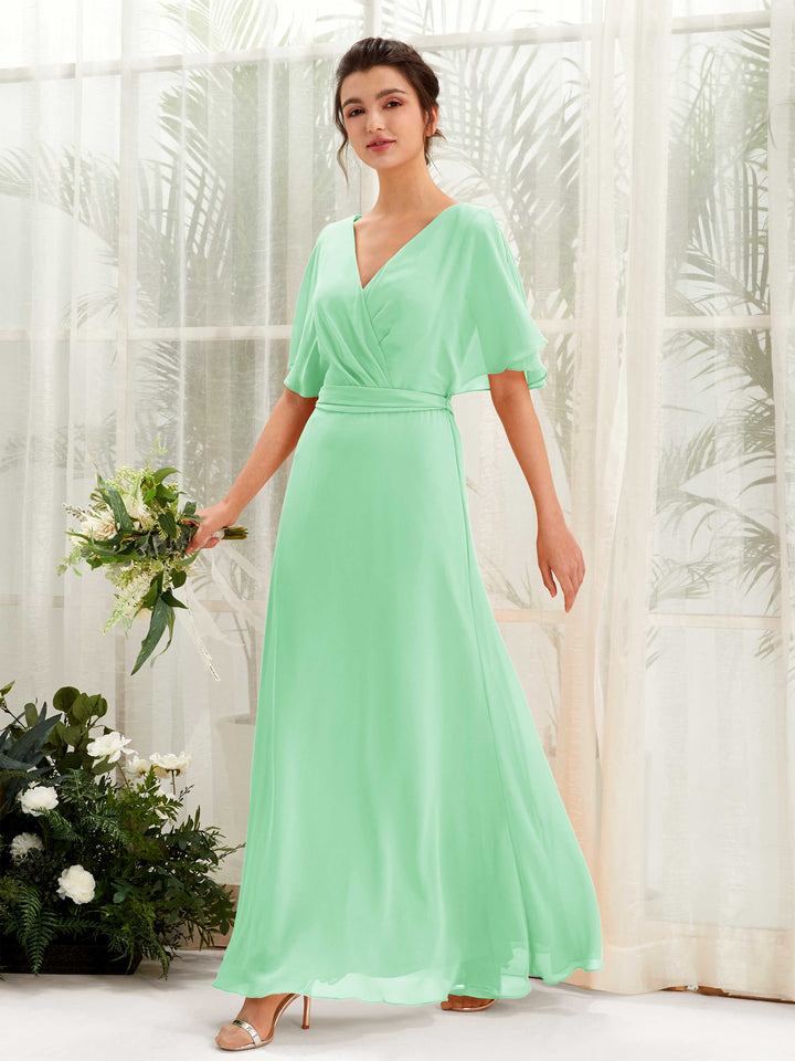 Mint Green Bridesmaid Dresses Bridesmaid Dress A-line Chiffon V-neck Full Length Short Sleeves Wedding Party Dress (81222422)