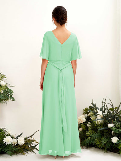 Carlyna Merta A-Line Mint Green Bridesmaid Dress Maxi Short Sleeve V-Neck Dress Back View #color_mint-green