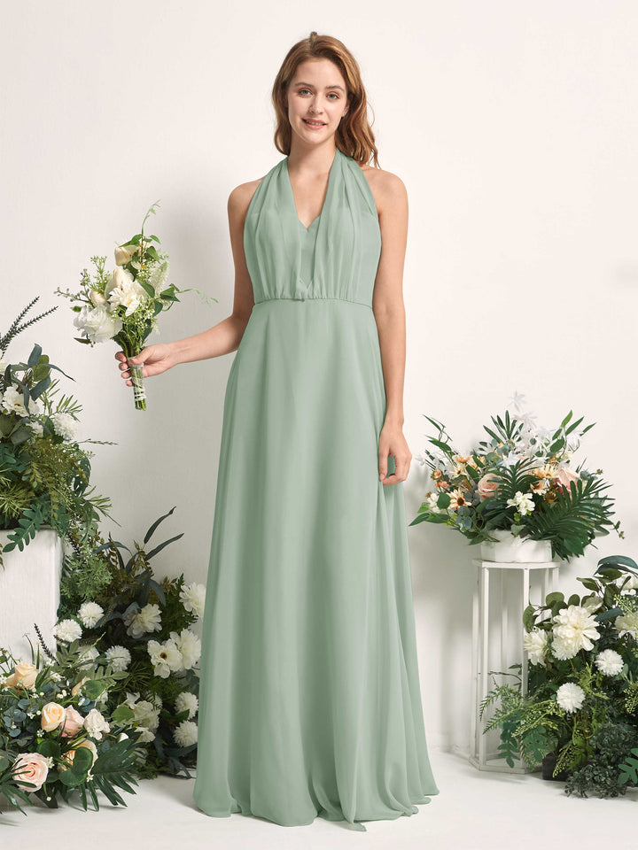 Sage Green Bridesmaid Dresses Bridesmaid Dress A-line Chiffon Halter Full Length Short Sleeves Wedding Party Dress (81226305)