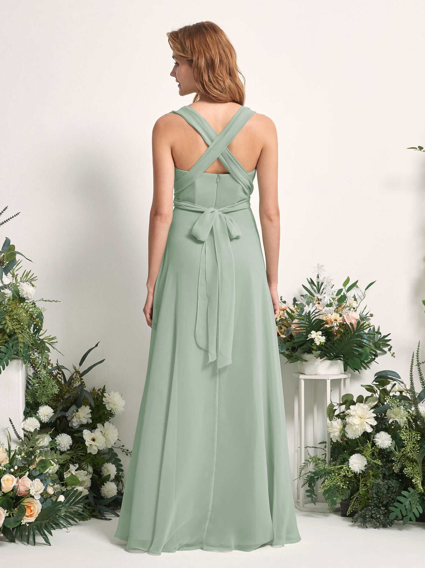 Sage Green Bridesmaid Dresses Bridesmaid Dress A-line Chiffon Halter Full Length Short Sleeves Wedding Party Dress (81226305)#color_sage-green