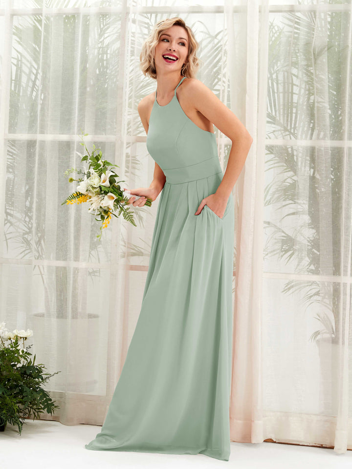 Sage Green Bridesmaid Dresses Bridesmaid Dress A-line Chiffon Halter Full Length Sleeveless Wedding Party Dress (81225205)