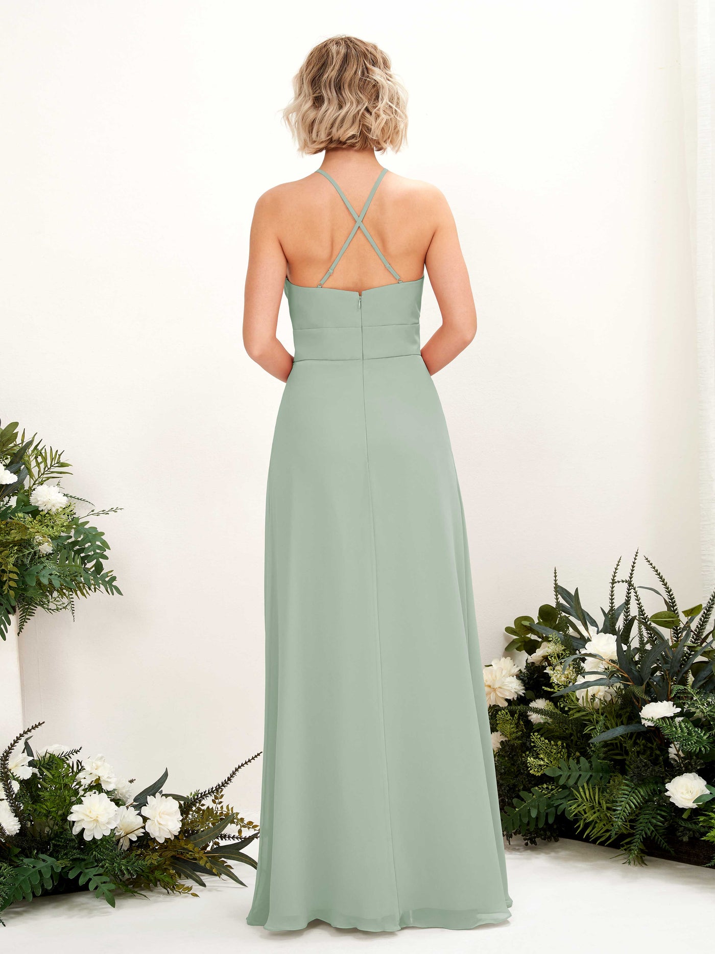 Sage Green Bridesmaid Dresses Bridesmaid Dress A-line Chiffon Halter Full Length Sleeveless Wedding Party Dress (81225205)#color_sage-green