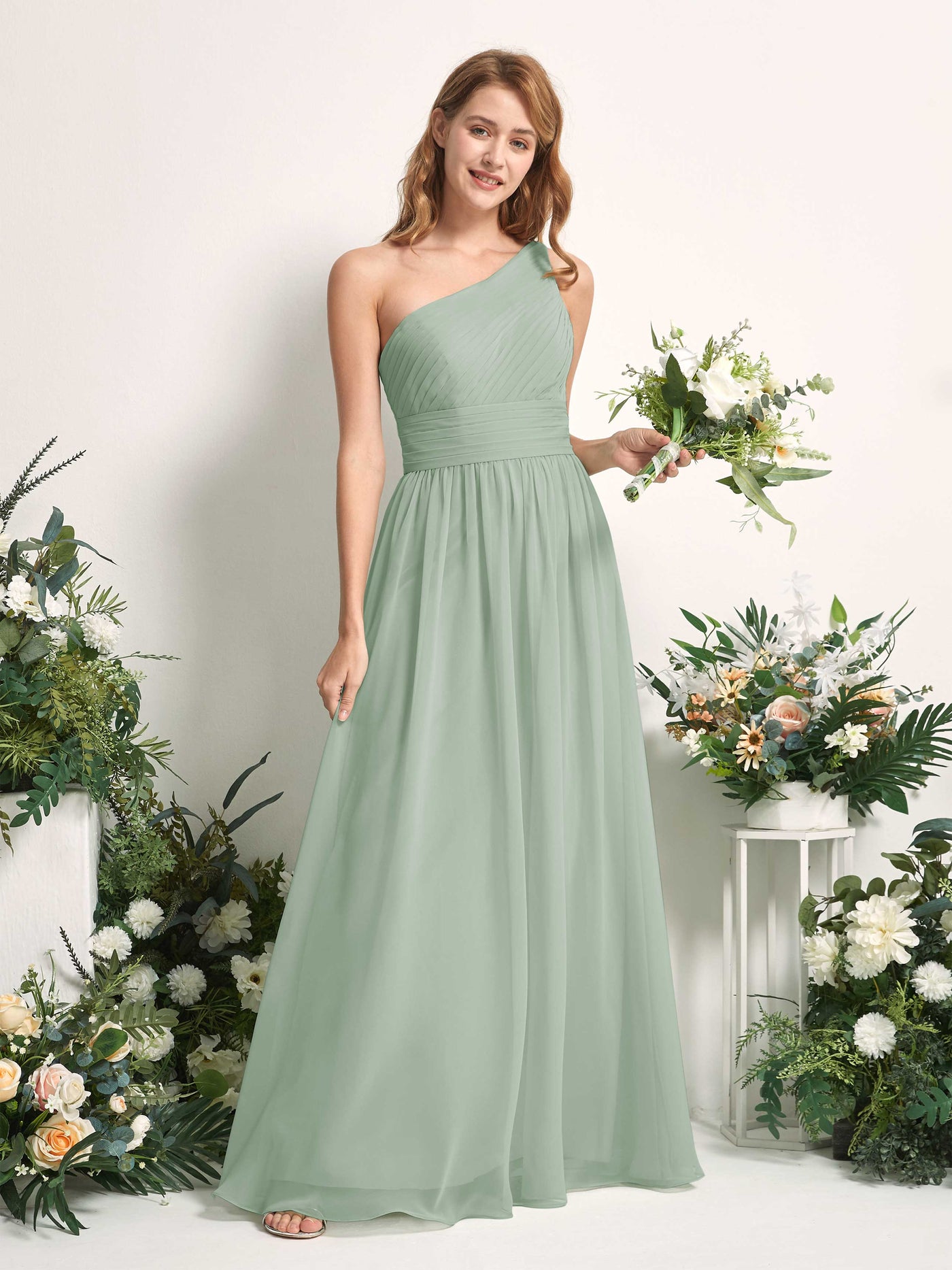 Bridesmaid Dress A-line Chiffon One Shoulder Full Length Sleeveless Wedding Party Dress - Sage Green (81226705)#color_sage-green