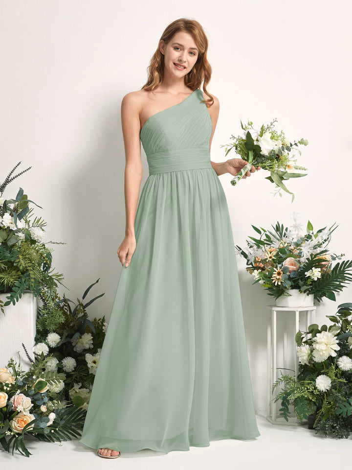 Bridesmaid Dress A-line Chiffon One Shoulder Full Length Sleeveless Wedding Party Dress - Sage Green (81226705)