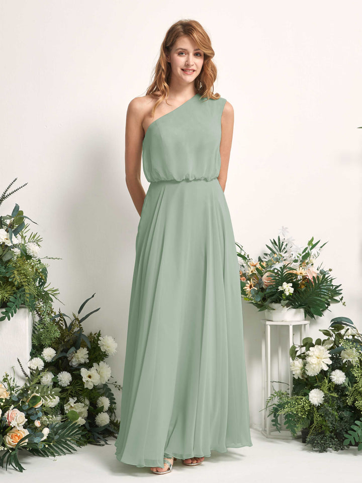 Bridesmaid Dress A-line Chiffon One Shoulder Full Length Sleeveless Wedding Party Dress - Sage Green (81226805)