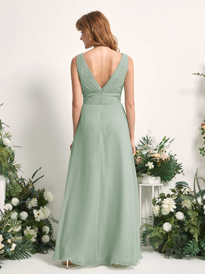 Carlyna Mollie A-Line Sage Green Bridesmaid Dress Maxi Sleeveless V-Neck Dress Back View #color_sage-green