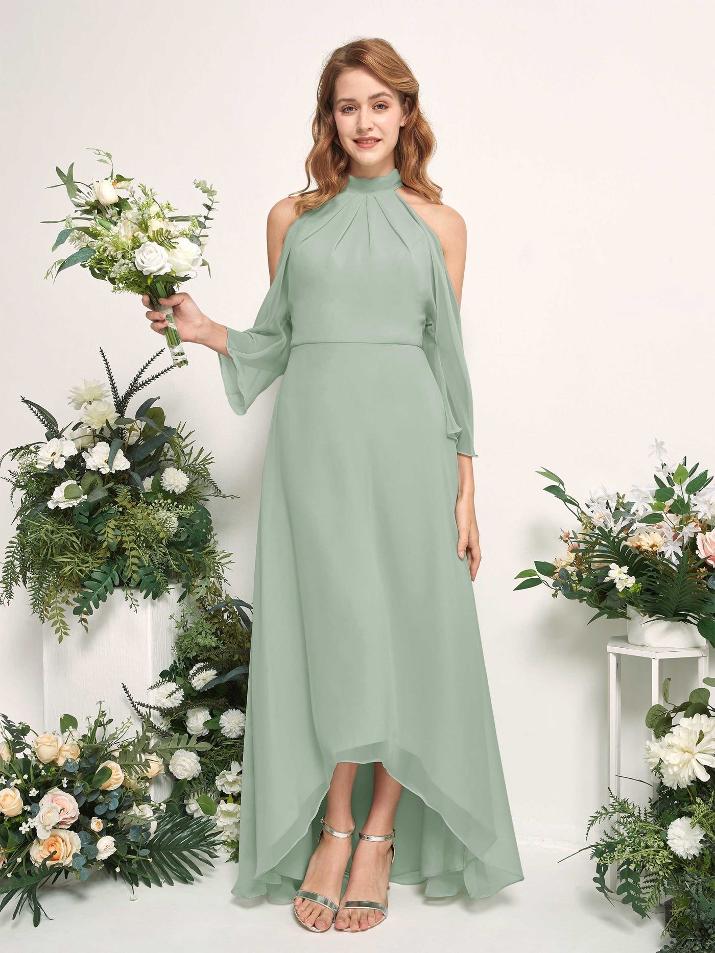 Bridesmaid Dress A-line Chiffon Halter High Low 3/4 Sleeves Wedding Party Dress - Sage Green (81227605)#color_sage-green