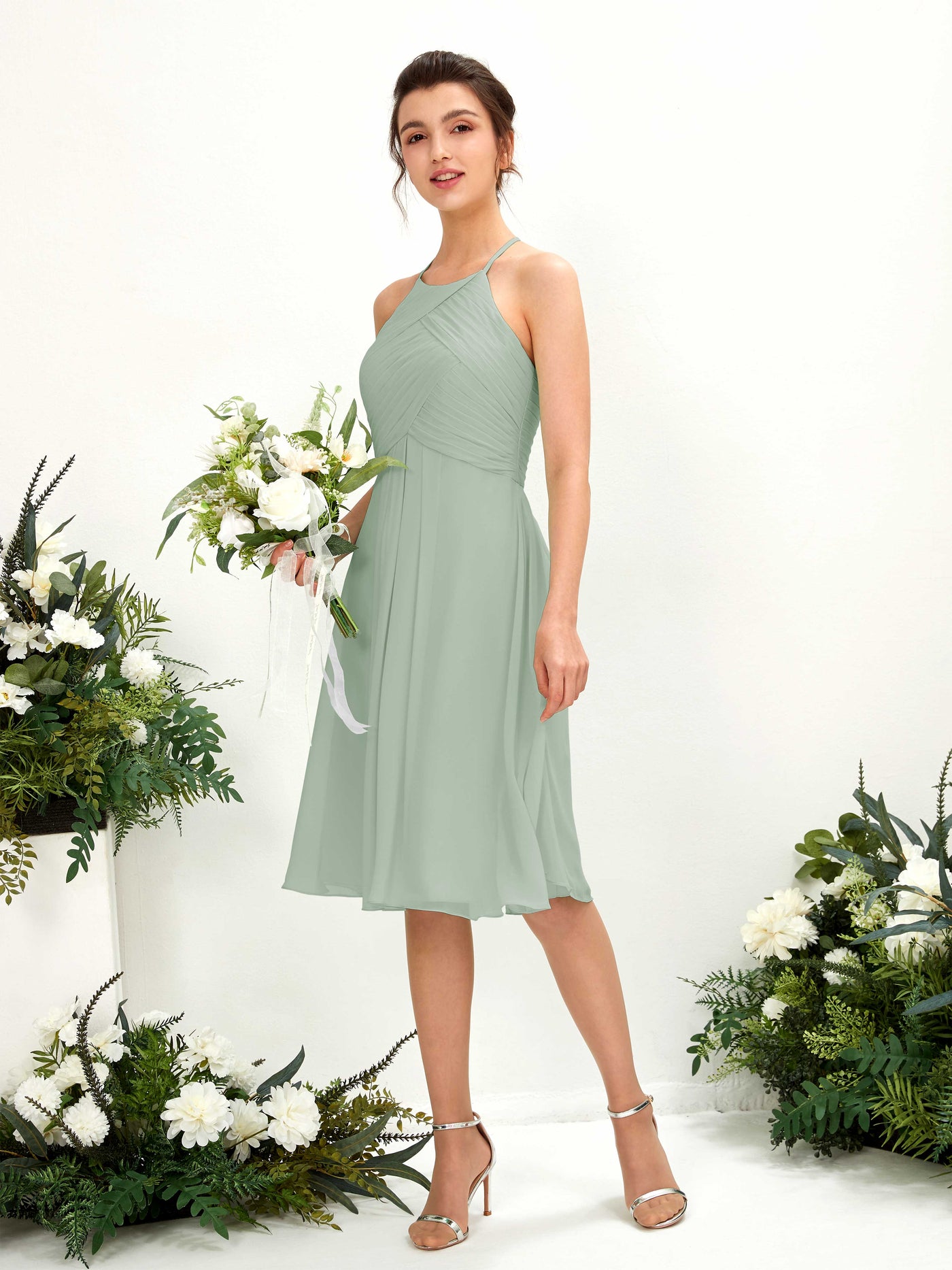Sage Green Bridesmaid Dresses Bridesmaid Dress A-line Chiffon Halter Knee Length Sleeveless Wedding Party Dress (81220405)#color_sage-green
