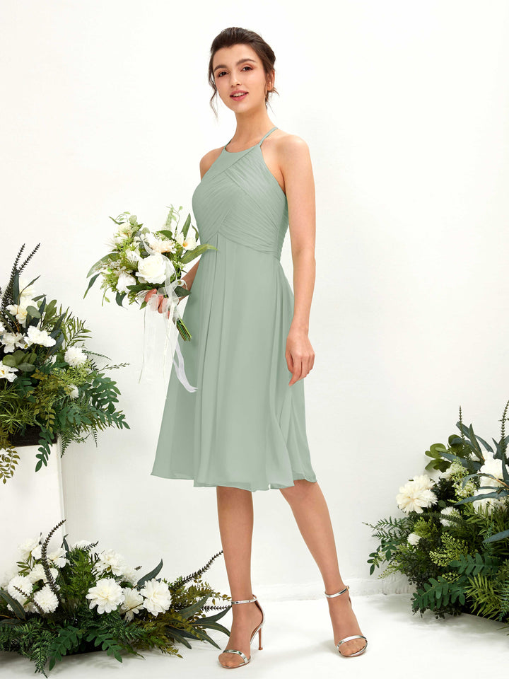 Sage Green Bridesmaid Dresses Bridesmaid Dress A-line Chiffon Halter Knee Length Sleeveless Wedding Party Dress (81220405)
