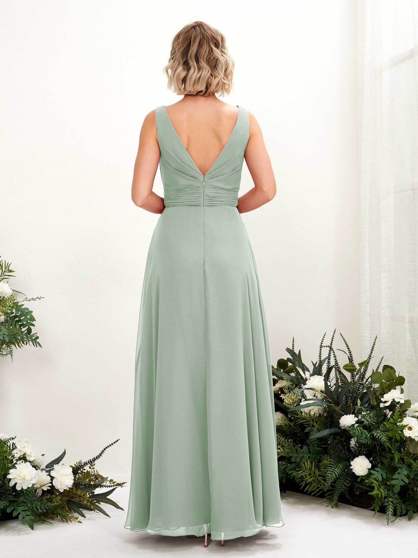 Sage Green Bridesmaid Dresses Bridesmaid Dress A-line Chiffon Bateau Full Length Sleeveless Wedding Party Dress (81225805)#color_sage-green