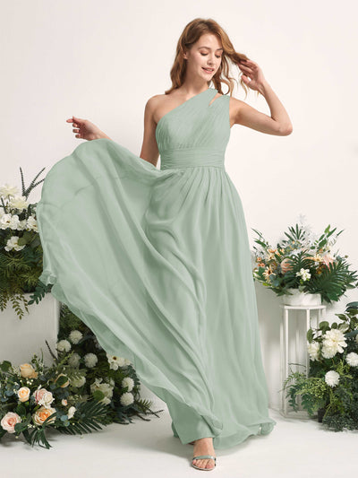 Carlyna Evelyn A-Line Sage Green Bridesmaid Dress Maxi Sleeveless One Shoulder Dress Side View 2 #color_sage-green