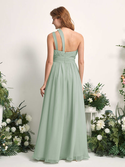 Carlyna Evelyn A-Line Sage Green Bridesmaid Dress Maxi Sleeveless One Shoulder Dress Back View #color_sage-green