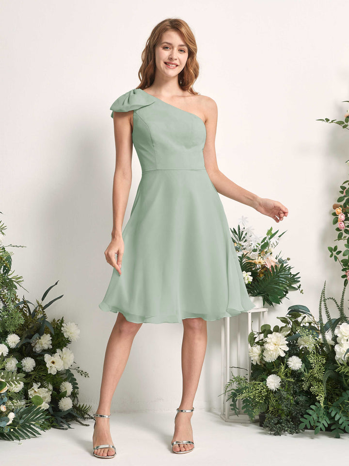 Bridesmaid Dress A-line Chiffon One Shoulder Knee Length Sleeveless Wedding Party Dress - Sage Green (81227005)